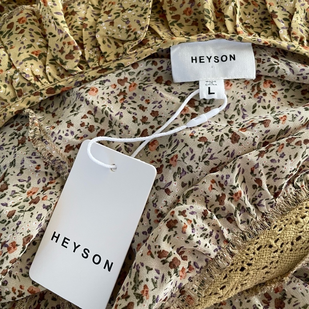 Heyson boho ditsy floral ruffle crochet open long lined kimono mustard medium - Picture 8 of 8